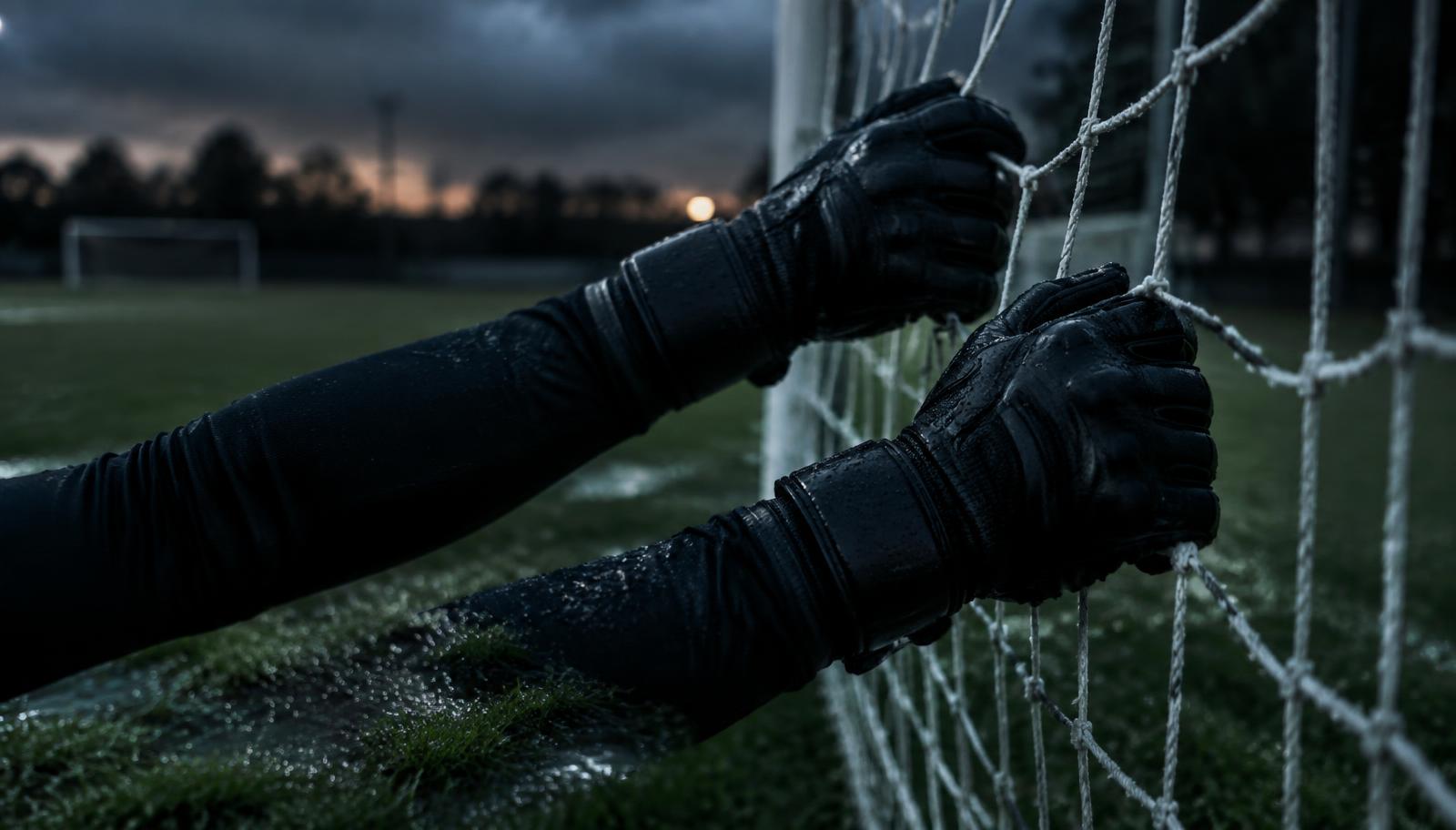 Manos de portero con guantes en la red